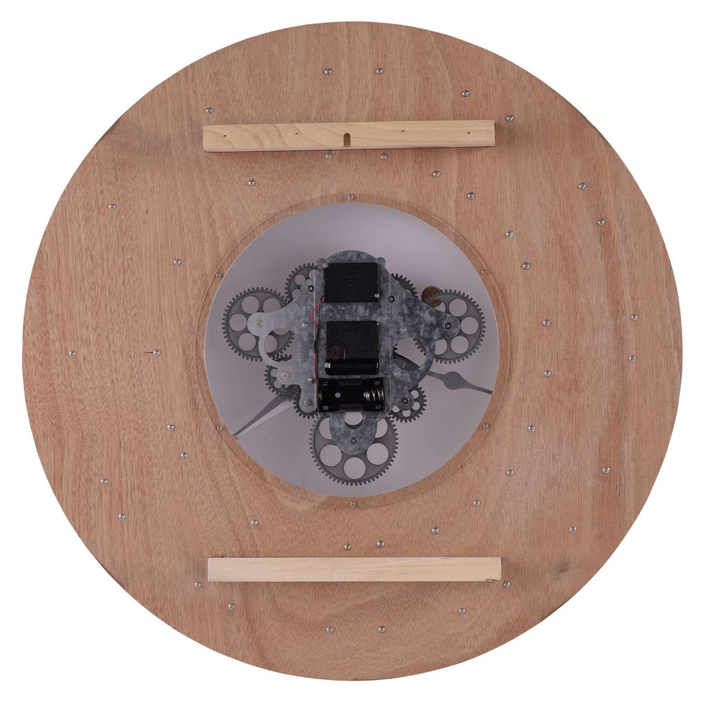 Top view of a circular wooden object featuring mechanical parts and a central device.