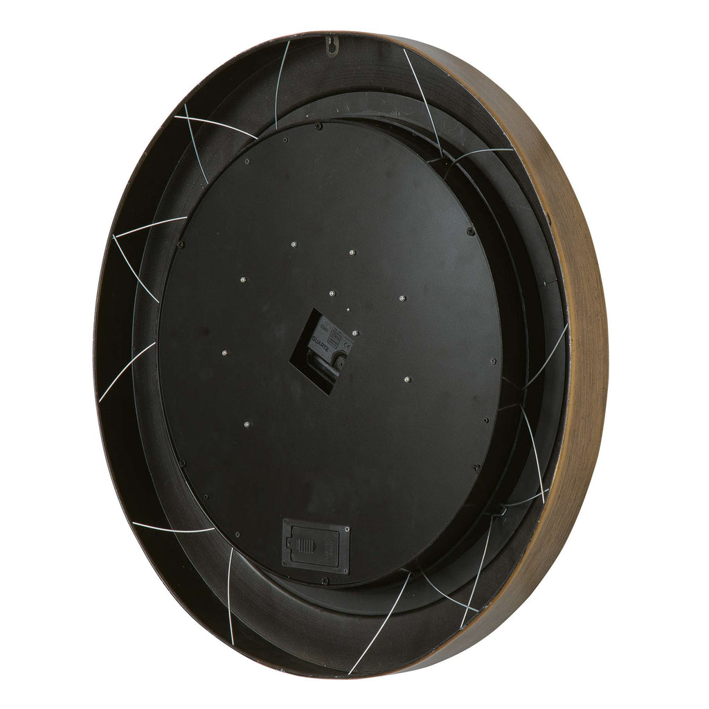 Back view of a round wall clock showing its mounting hardware.