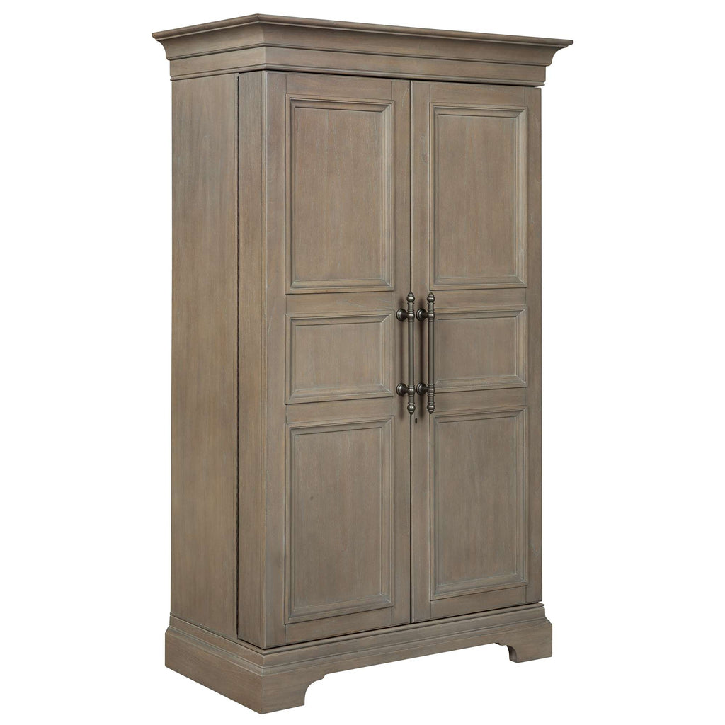 Wooden armoire with paneled doors and decorative hardware
