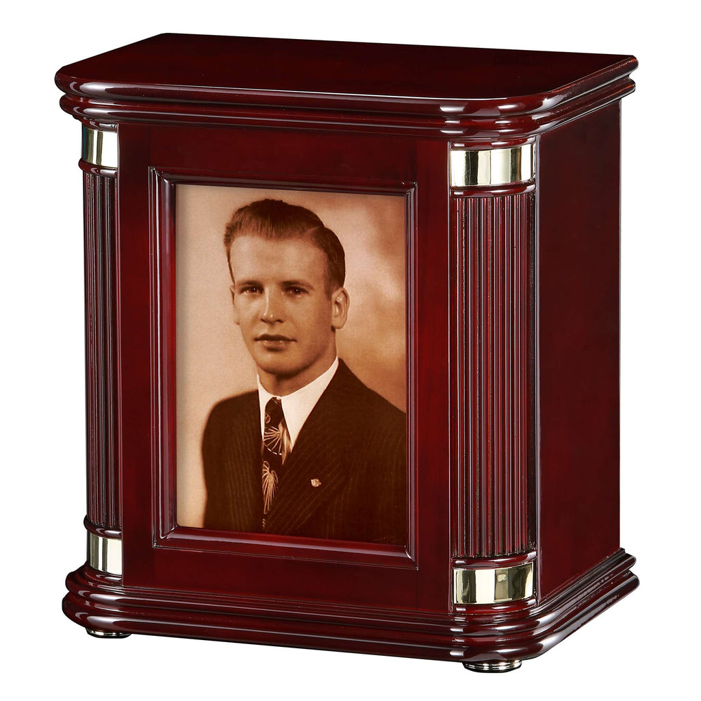 A wooden photo frame displaying a sepia-toned portrait of a man in formal attire.