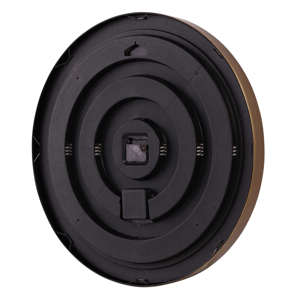 Black circular device with a spiral design and a central lens