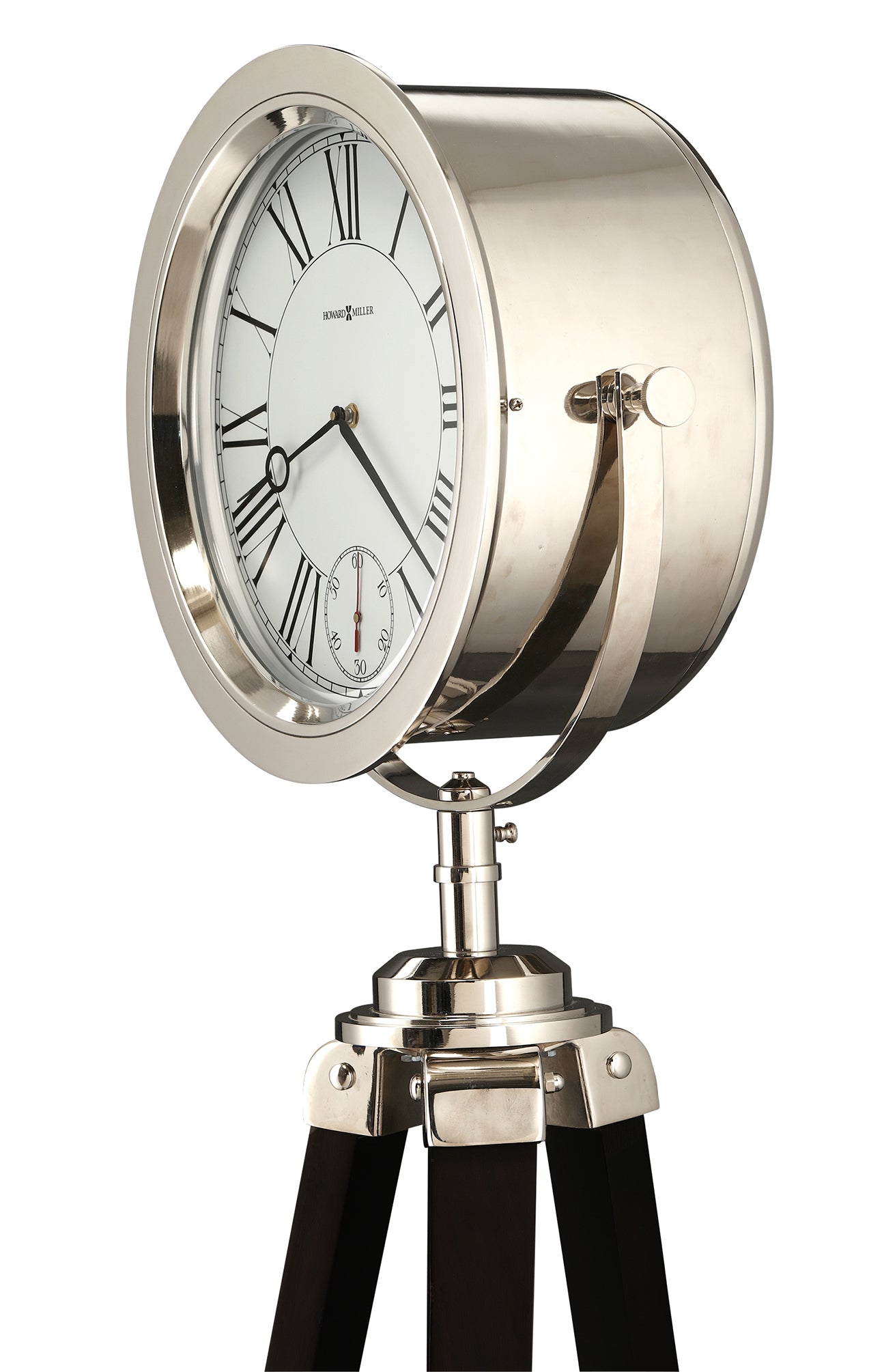 Silver tabletop clock with a tripod stand