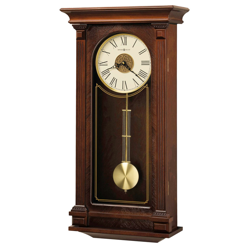 Wooden wall clock with pendulum and Roman numerals.