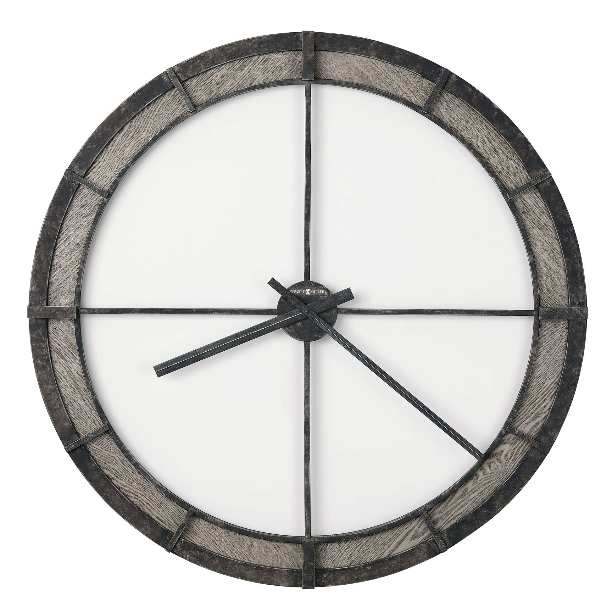 A round wall clock with a black frame and minimalist design.
