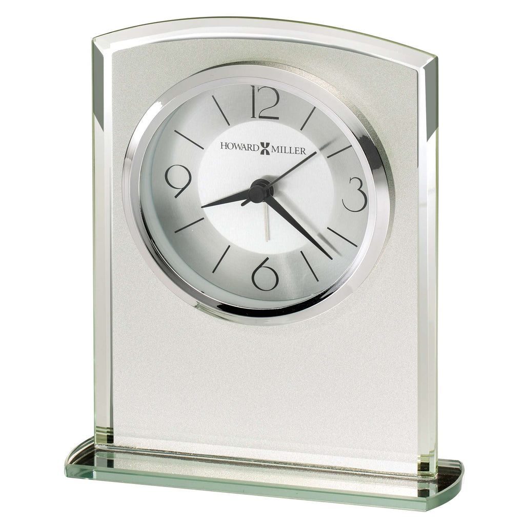 Clear glass desk clock with a minimalist design.