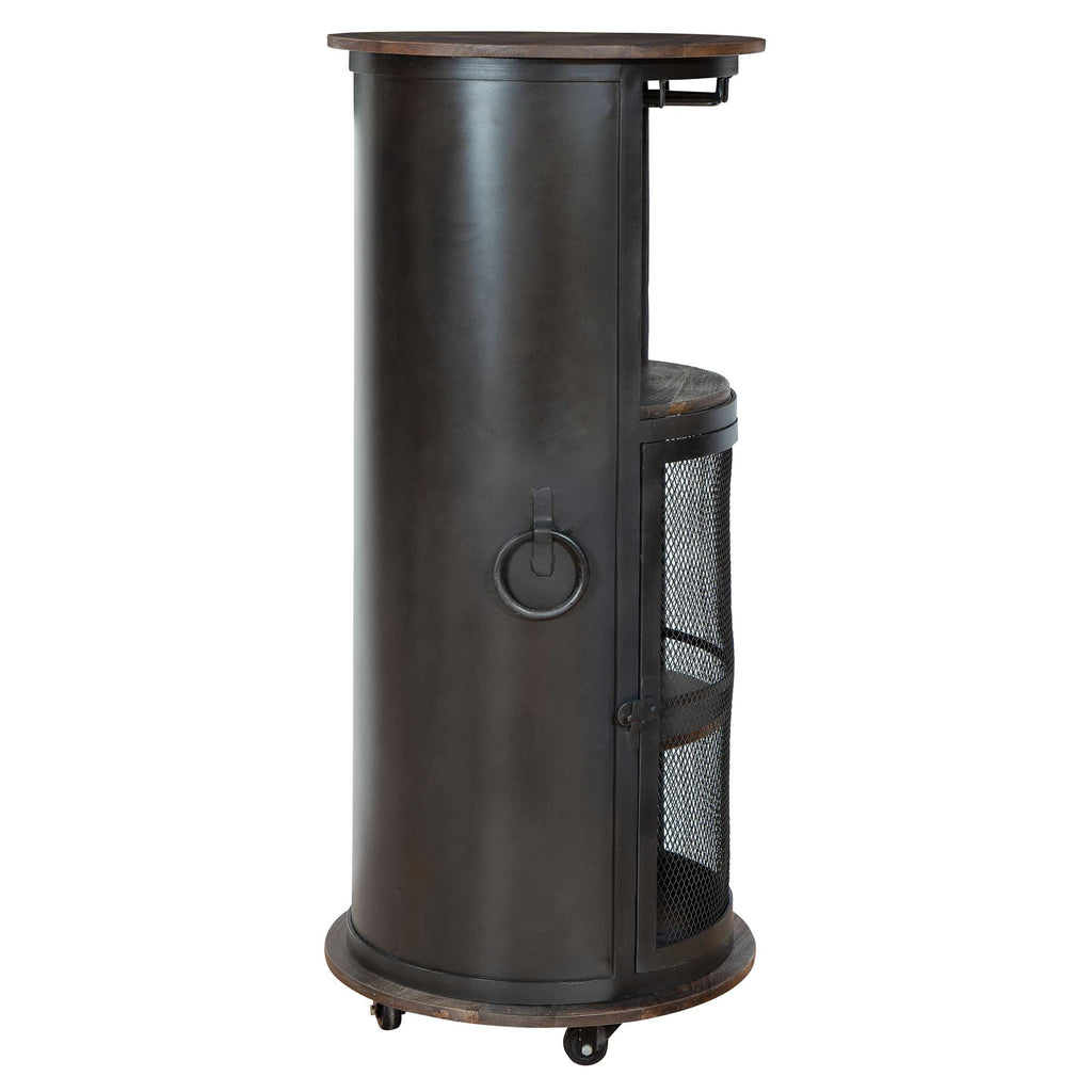 Industrial-style round storage cabinet with a wooden top and mesh door.