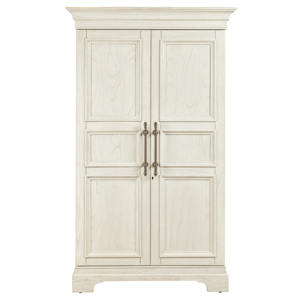 White wooden armoire with double doors and decorative paneling