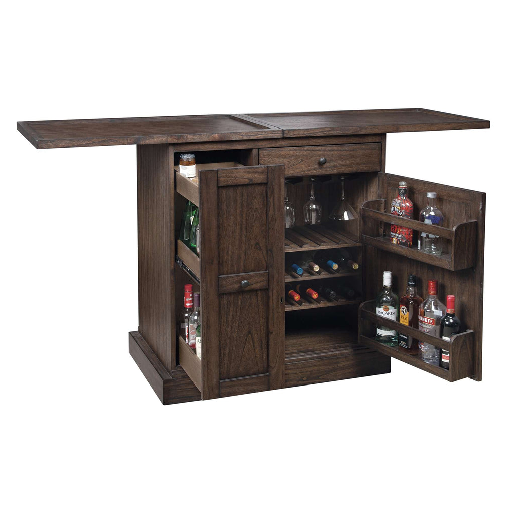 Wooden bar cabinet with open doors displaying bottles and a fold-out top.