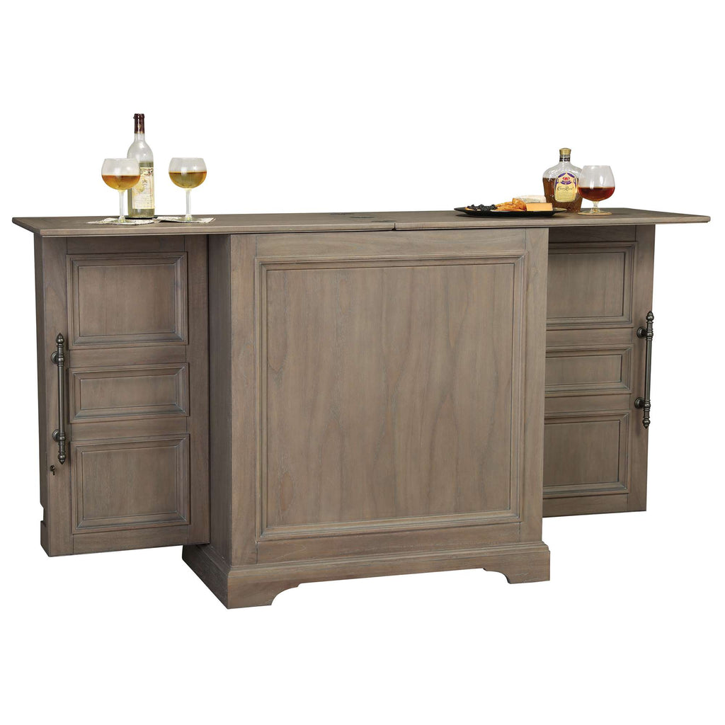 Stylish wooden home bar with drinks and glassware