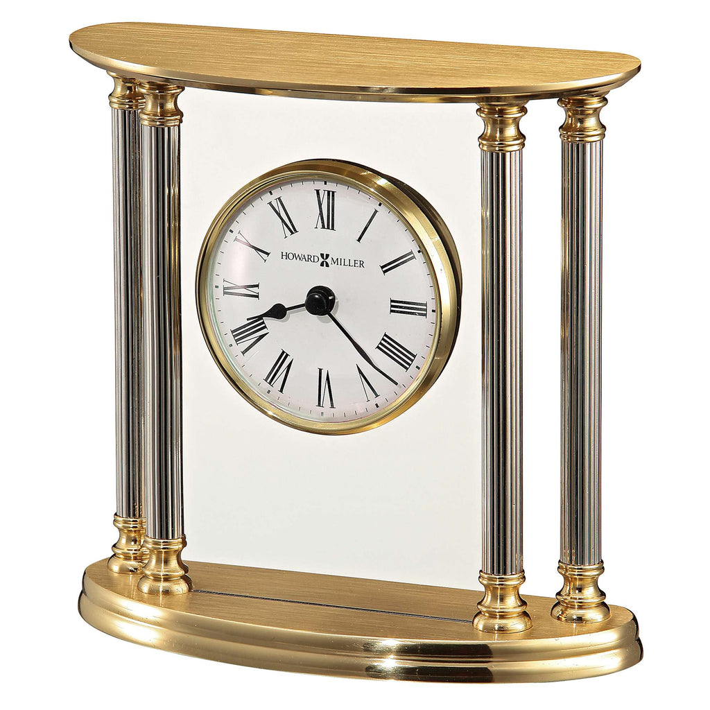 Elegant mantel clock with a round white face and Roman numerals, supported by gold and silver columns.
