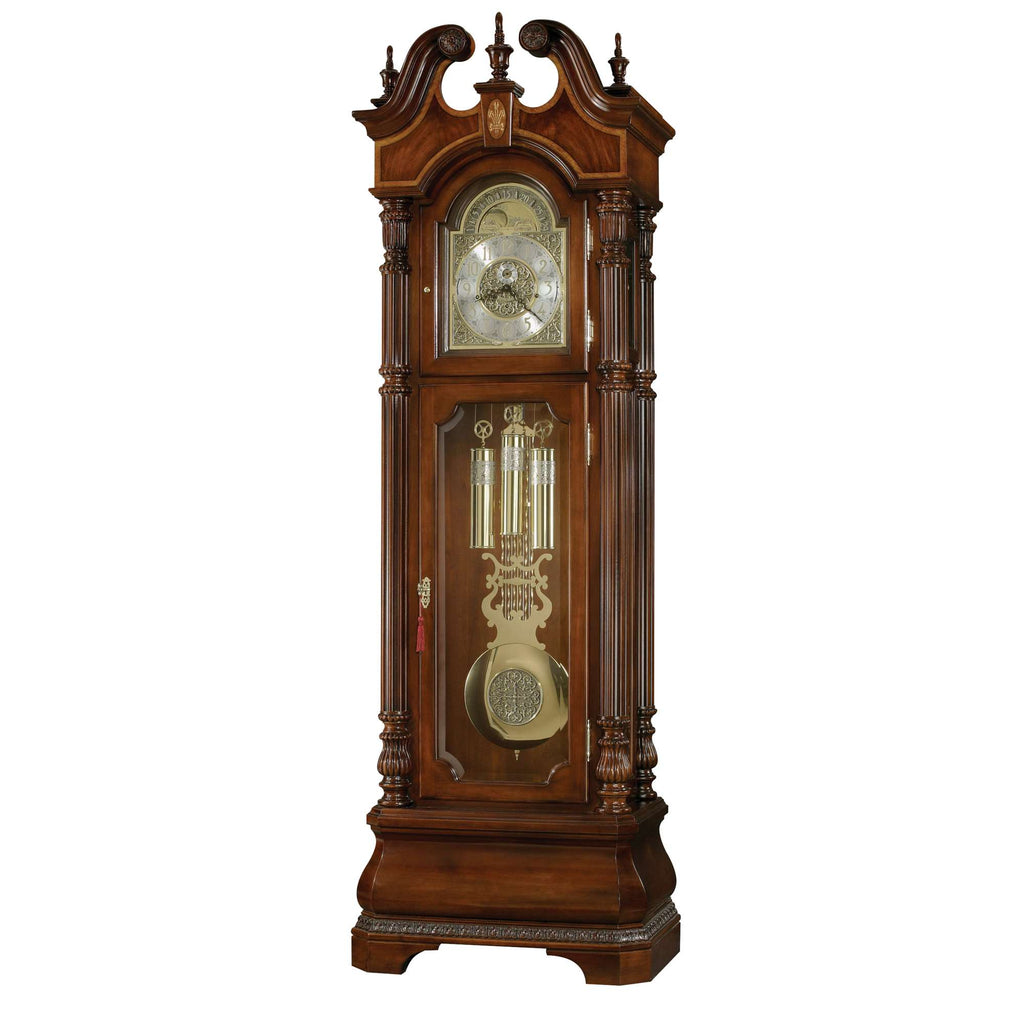 Antique wooden grandfather clock with ornate design