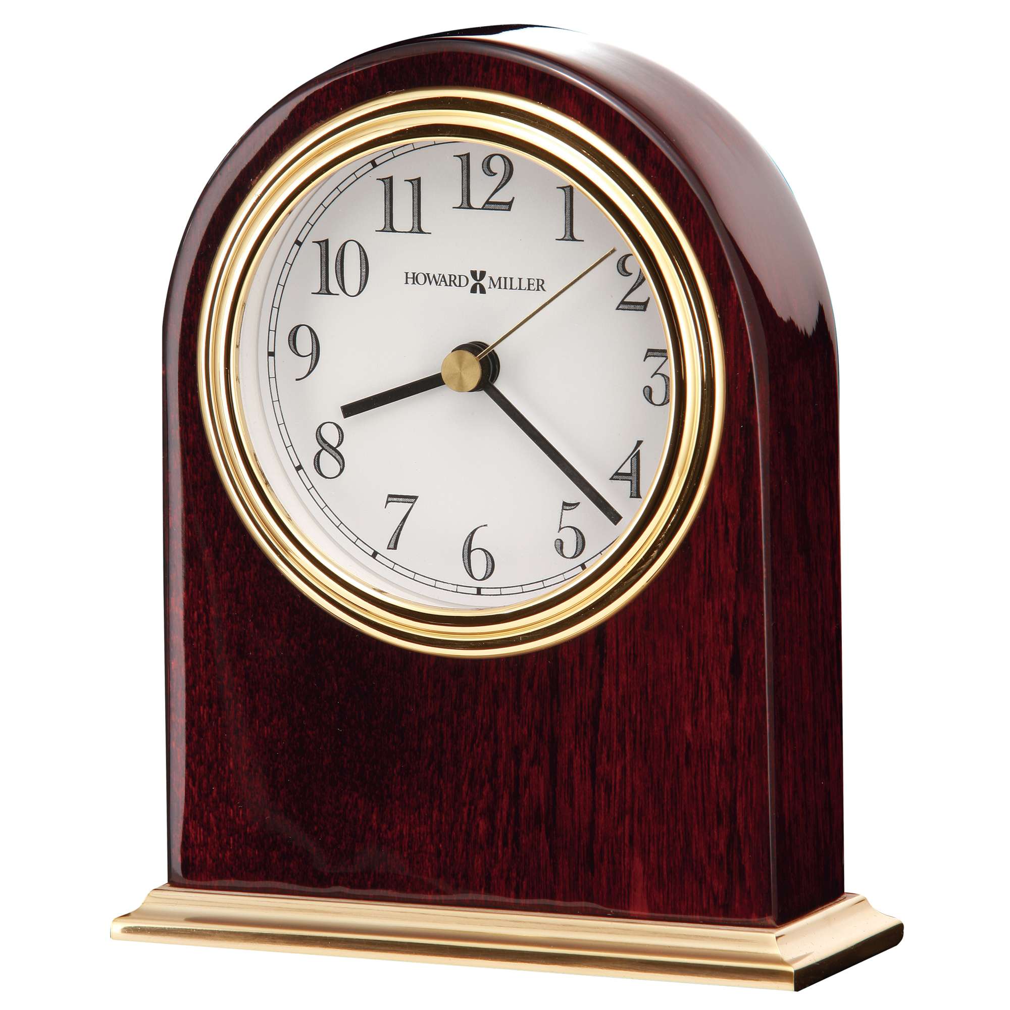 Elegant wooden mantel clock with gold accents and white dial.
