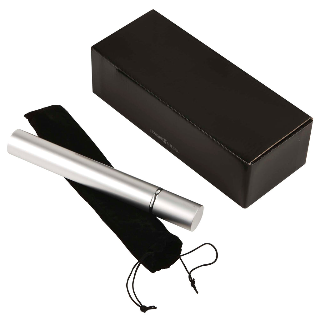 A sleek silver vaporizer next to a black box and a drawstring pouch.