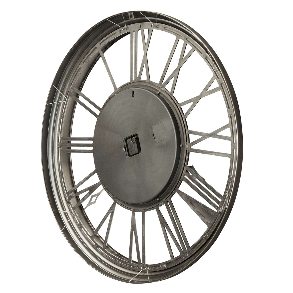 Close-up of a circular clock face with Roman numerals.