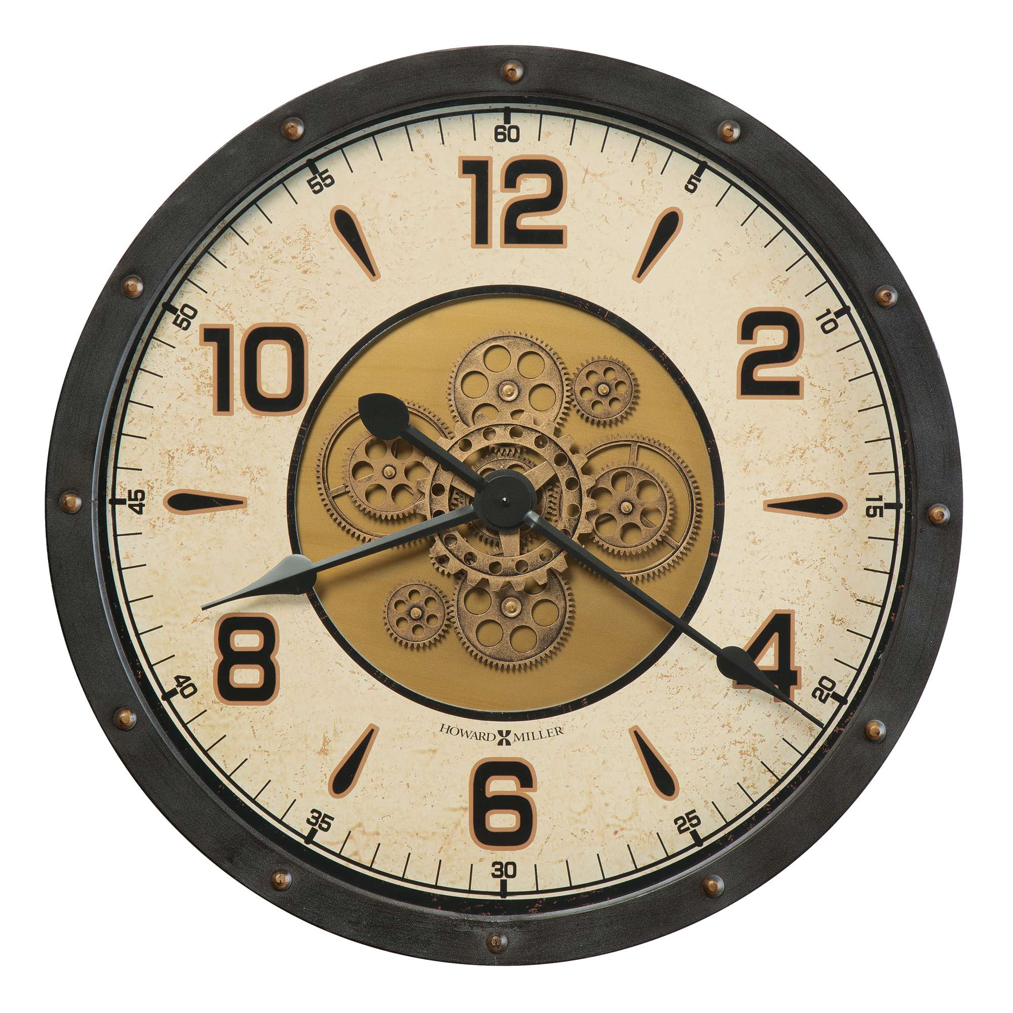 Retro wall clock with gear design and Roman numerals