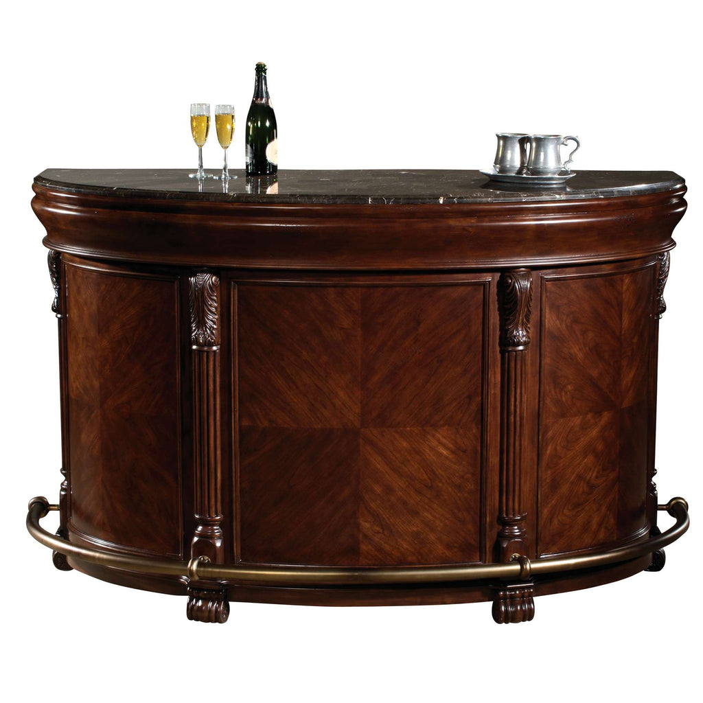 Elegant wooden bar with a marble top, two champagne glasses, a bottle of champagne, and a silver ice bucket.