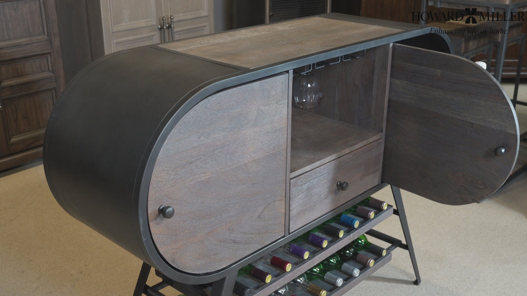Modern wooden cabinet with curved design and open doors, revealing storage space and wine bottles