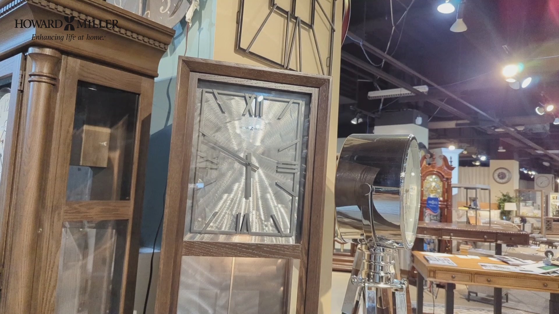 Wooden-framed clock on display in a furniture store