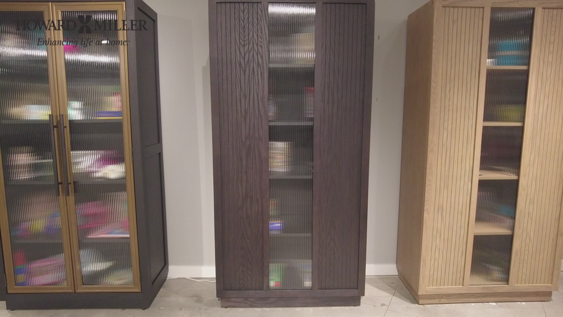 Three modern storage cabinets in various wood finishes