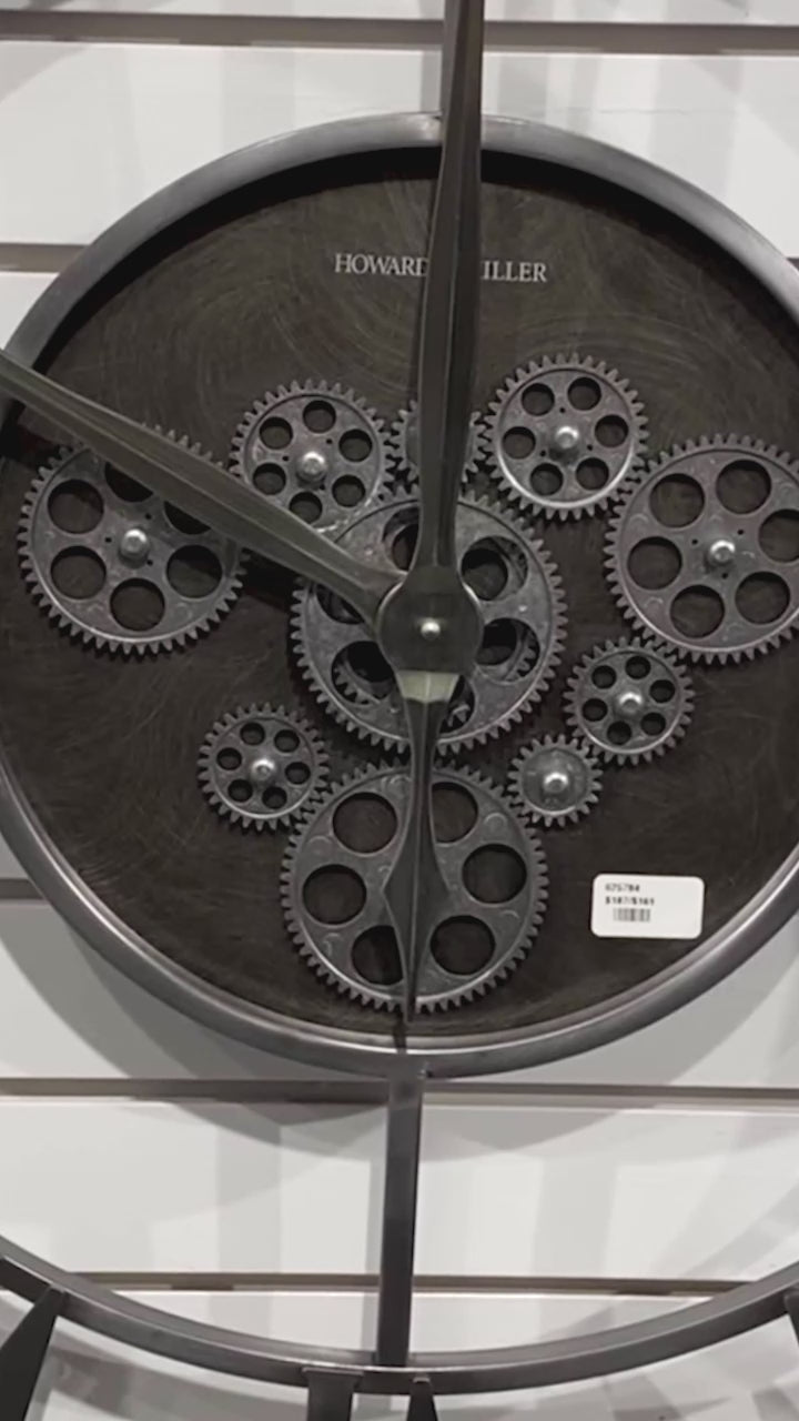 A modern wall clock featuring various gears and a minimalist design.