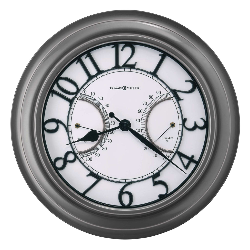 Round wall clock with black numerals and hands against a white background