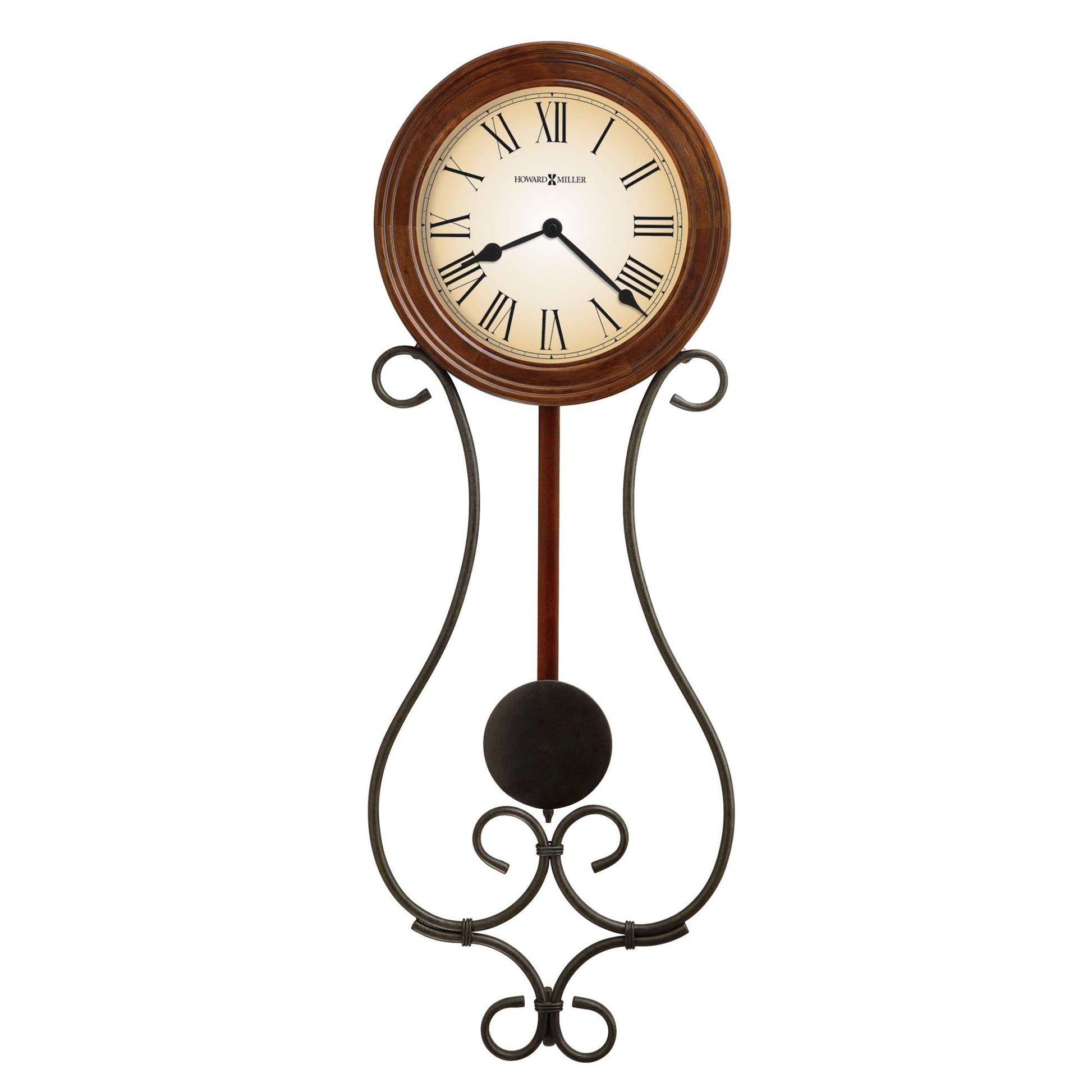 Wall clock with a wooden frame and ornate metal designs.