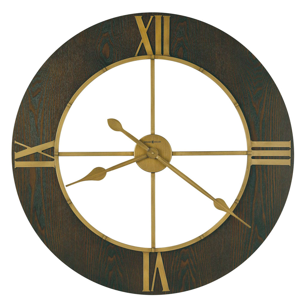 Large round wall clock with Roman numerals and a dark wood finish
