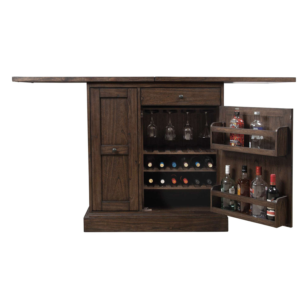 Wooden bar cabinet with open doors displaying various bottles and glasses