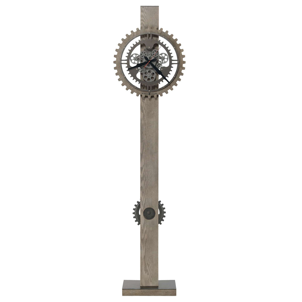 A tall, modern clock featuring a wooden finish and visible gears.