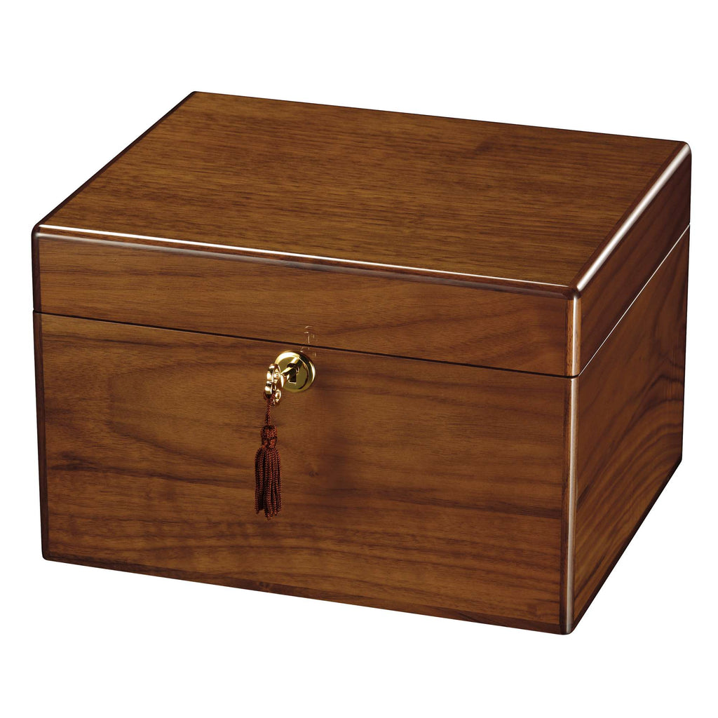 Brown wooden box with a gold lock and tassel