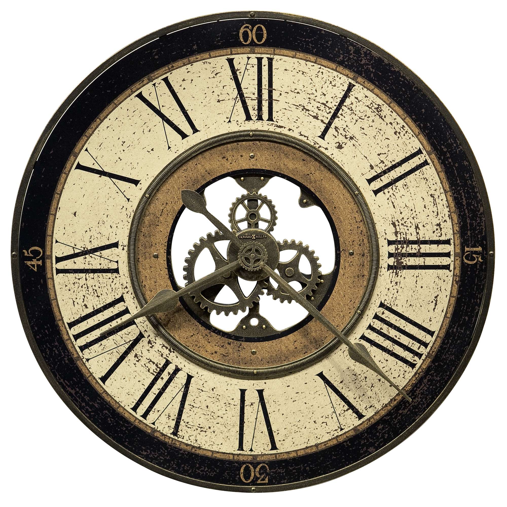 Vintage wall clock with Roman numerals and visible inner gears