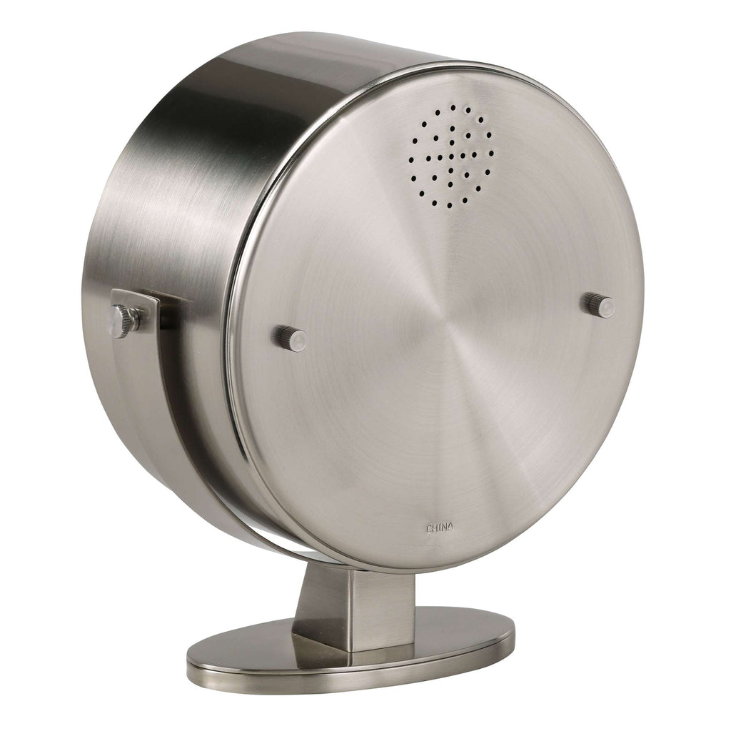 A stainless steel circular wall-mounted hand dryer.