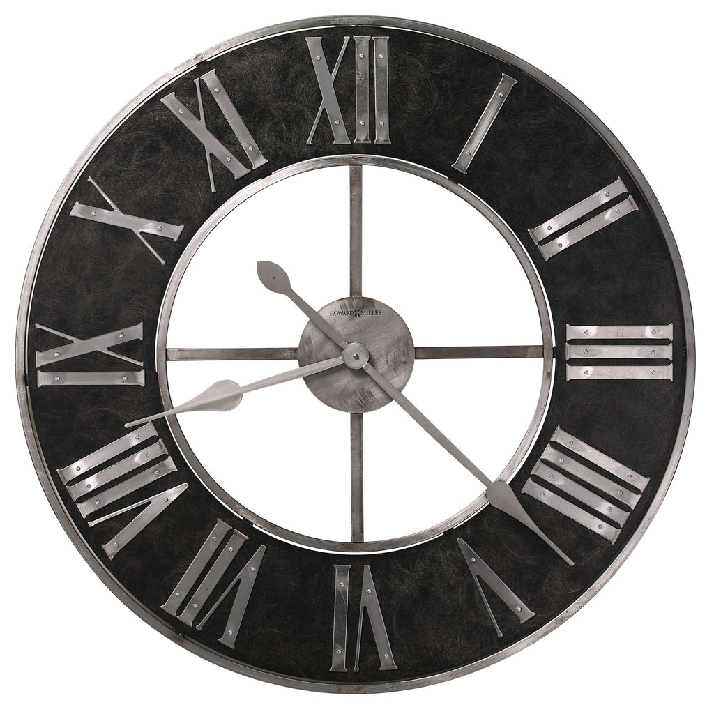 A large round wall clock with Roman numerals and a metal frame.