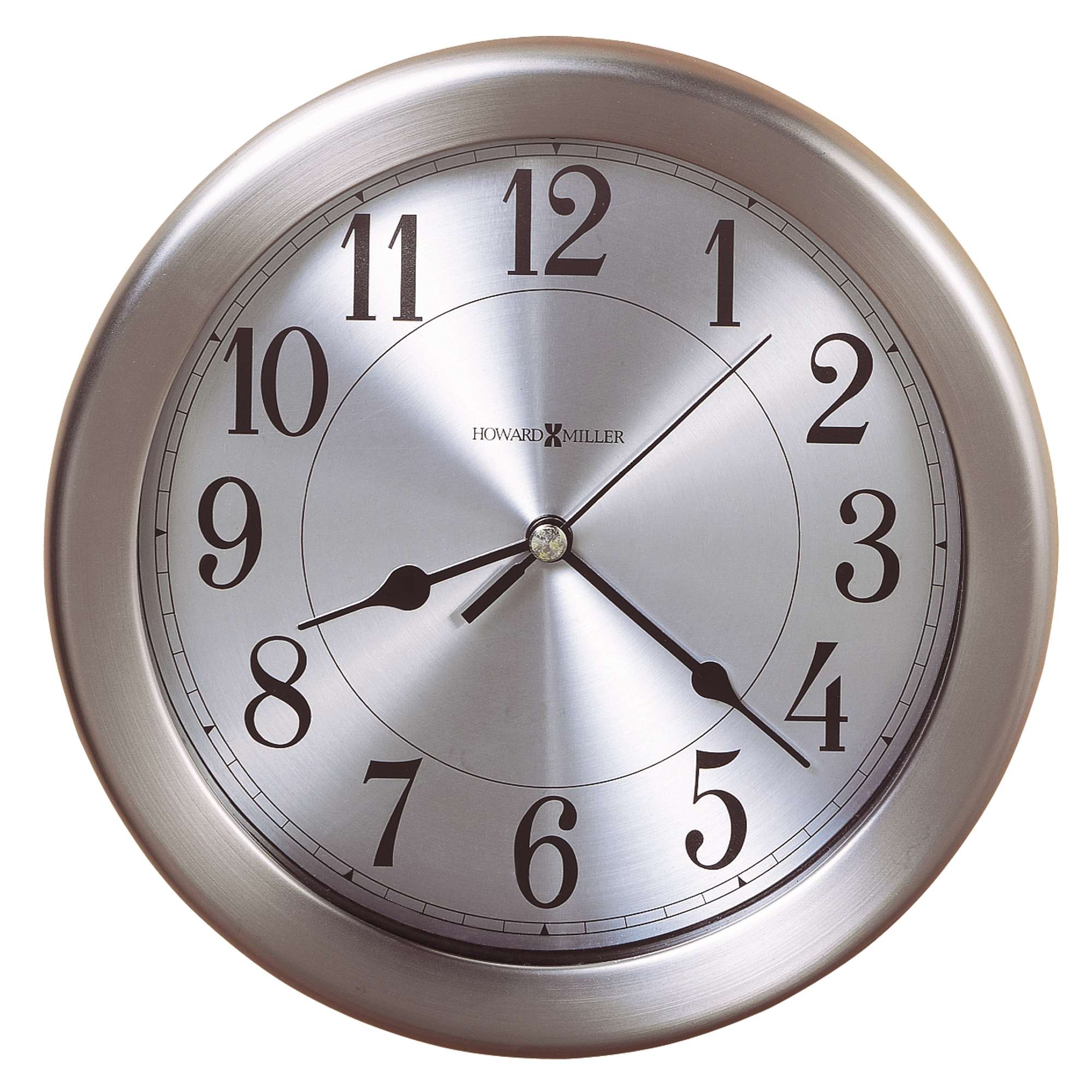 A round silver wall clock with black numerals.