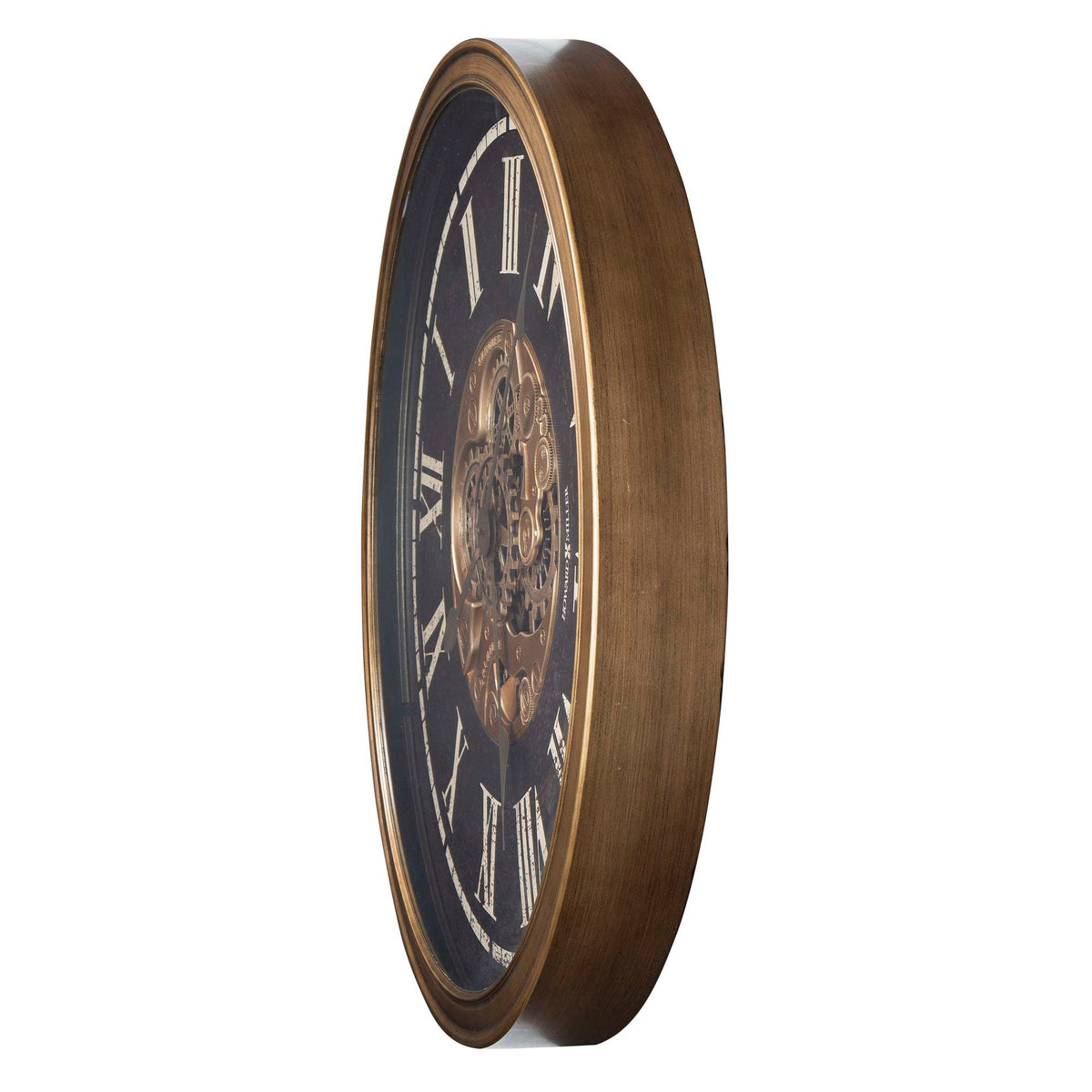 A vintage wall clock with Roman numerals and a bronze frame.