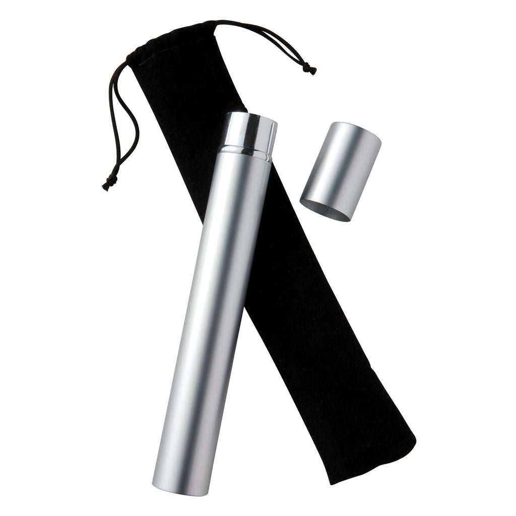 Stainless steel thermos with a black carrying pouch.
