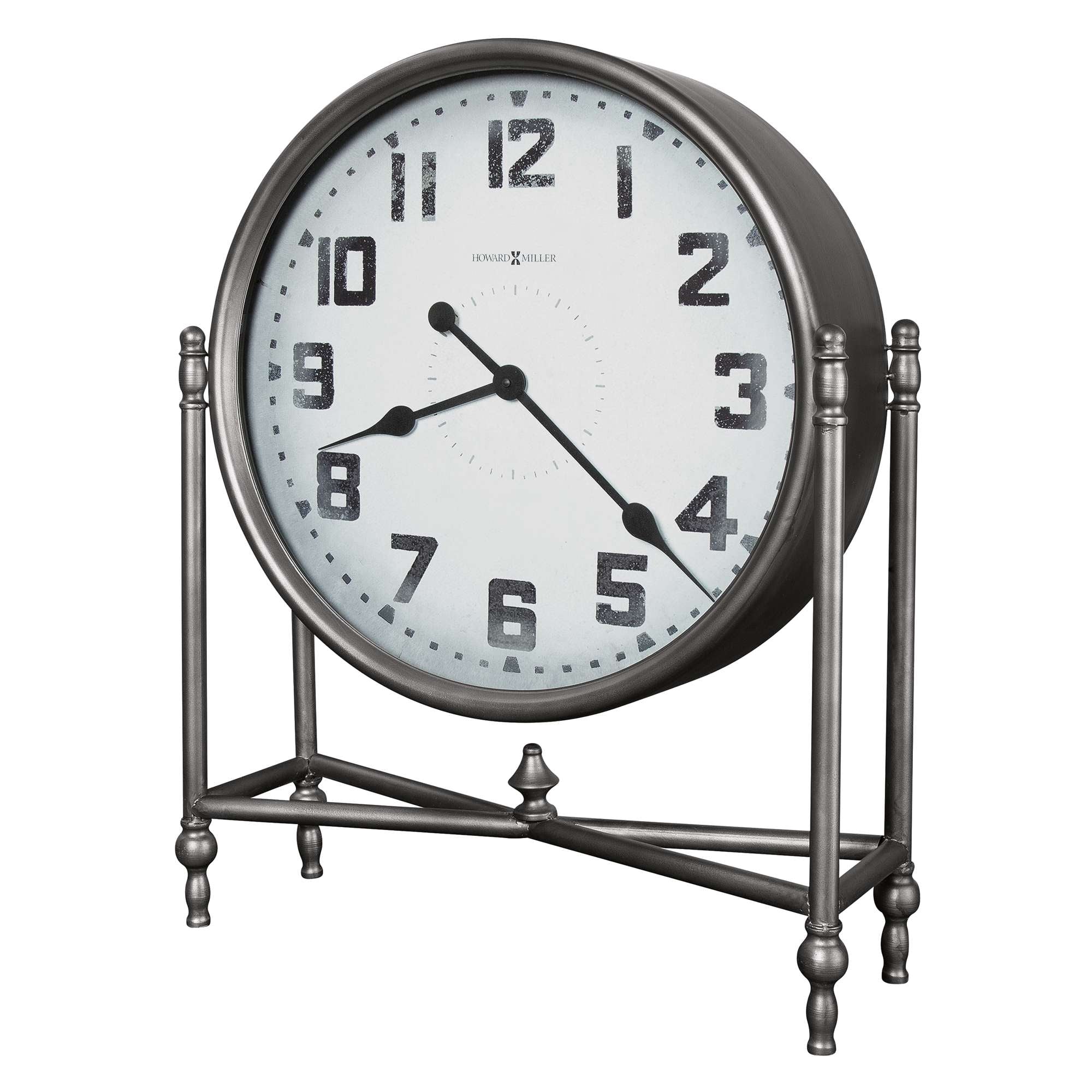 A vintage-style round clock with a black metal frame and large white face, displaying the time in black numbers.