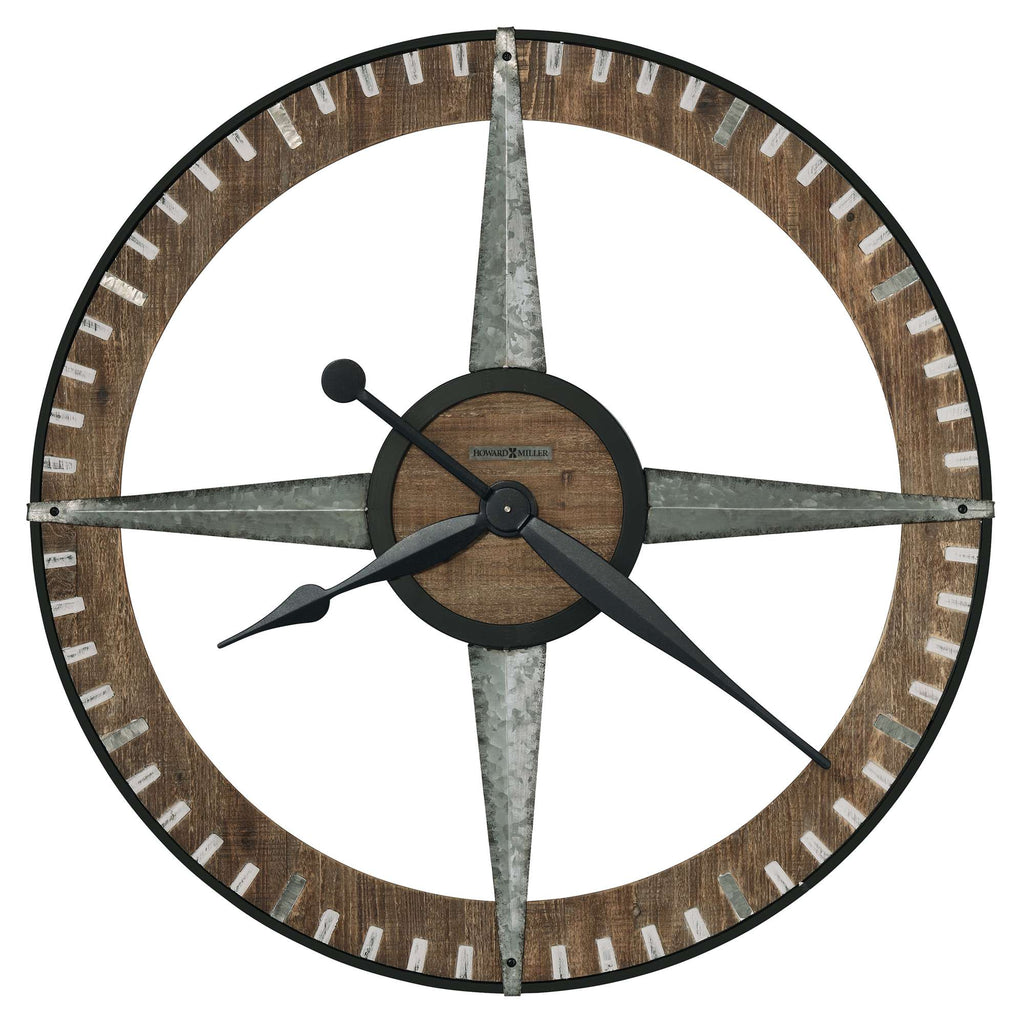 Decorative wall clock with a compass design and wooden elements.