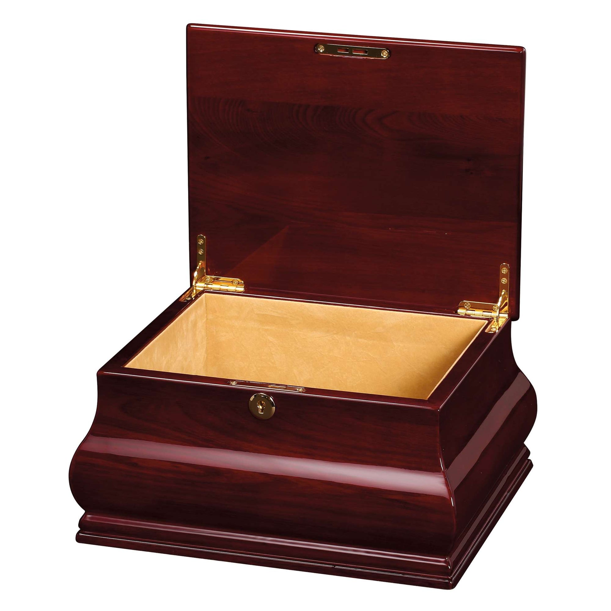 Open wooden storage box with a polished finish