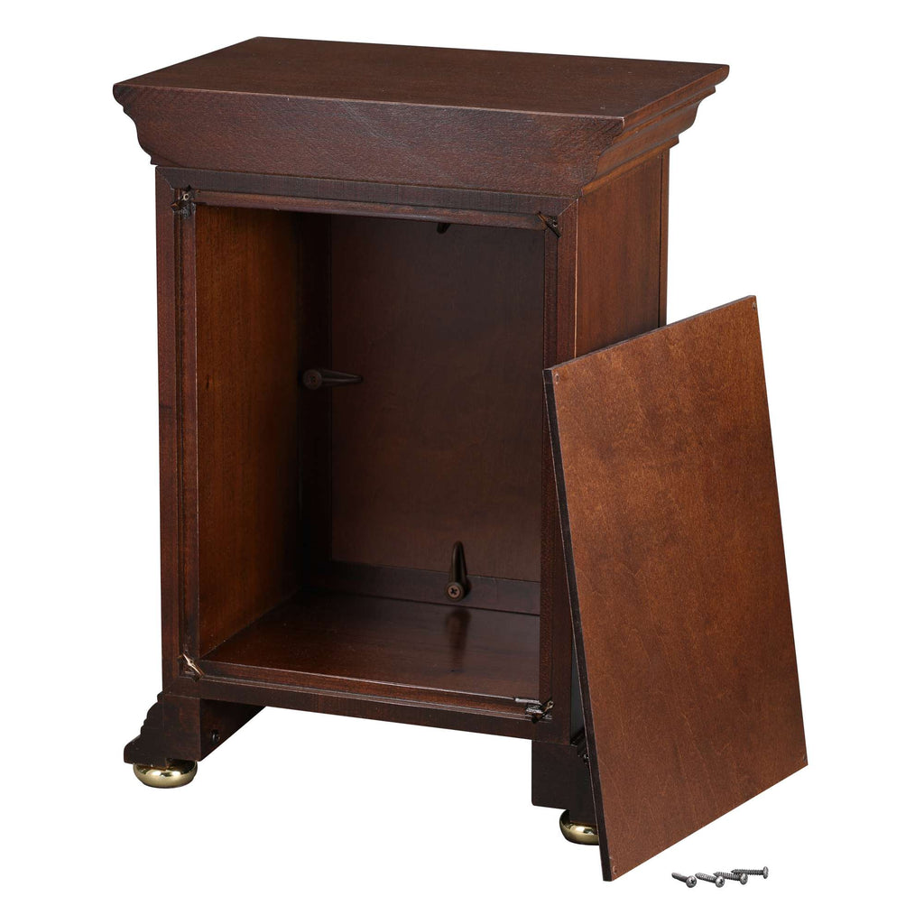 Wooden nightstand with an open door and visible interior, showing screws and feet