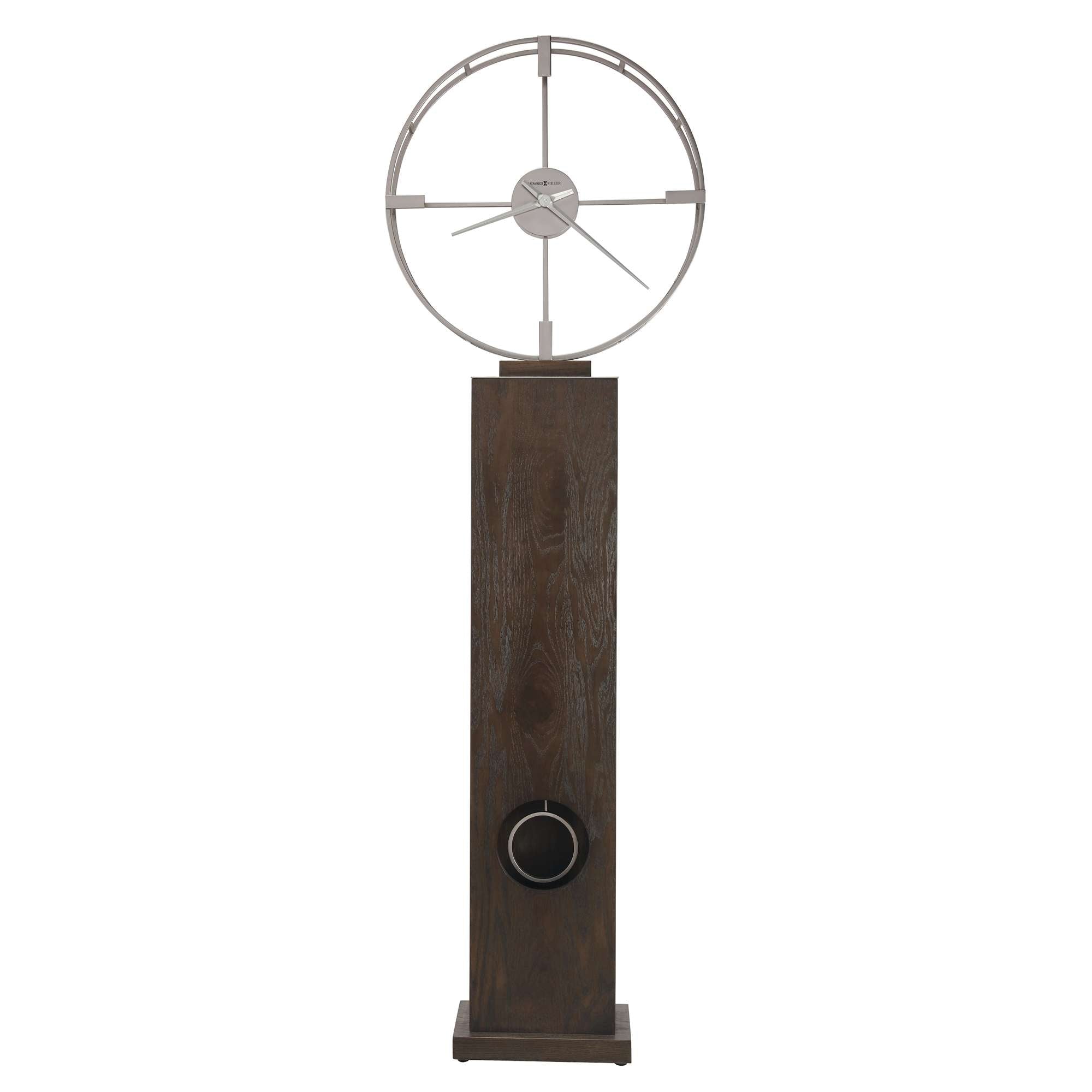 Decorative clock with a modern design on a wooden pedestal.