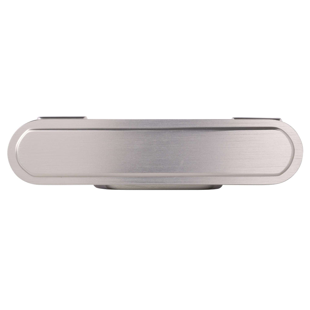 Close-up view of a sleek, silver-colored metallic object with rounded edges.