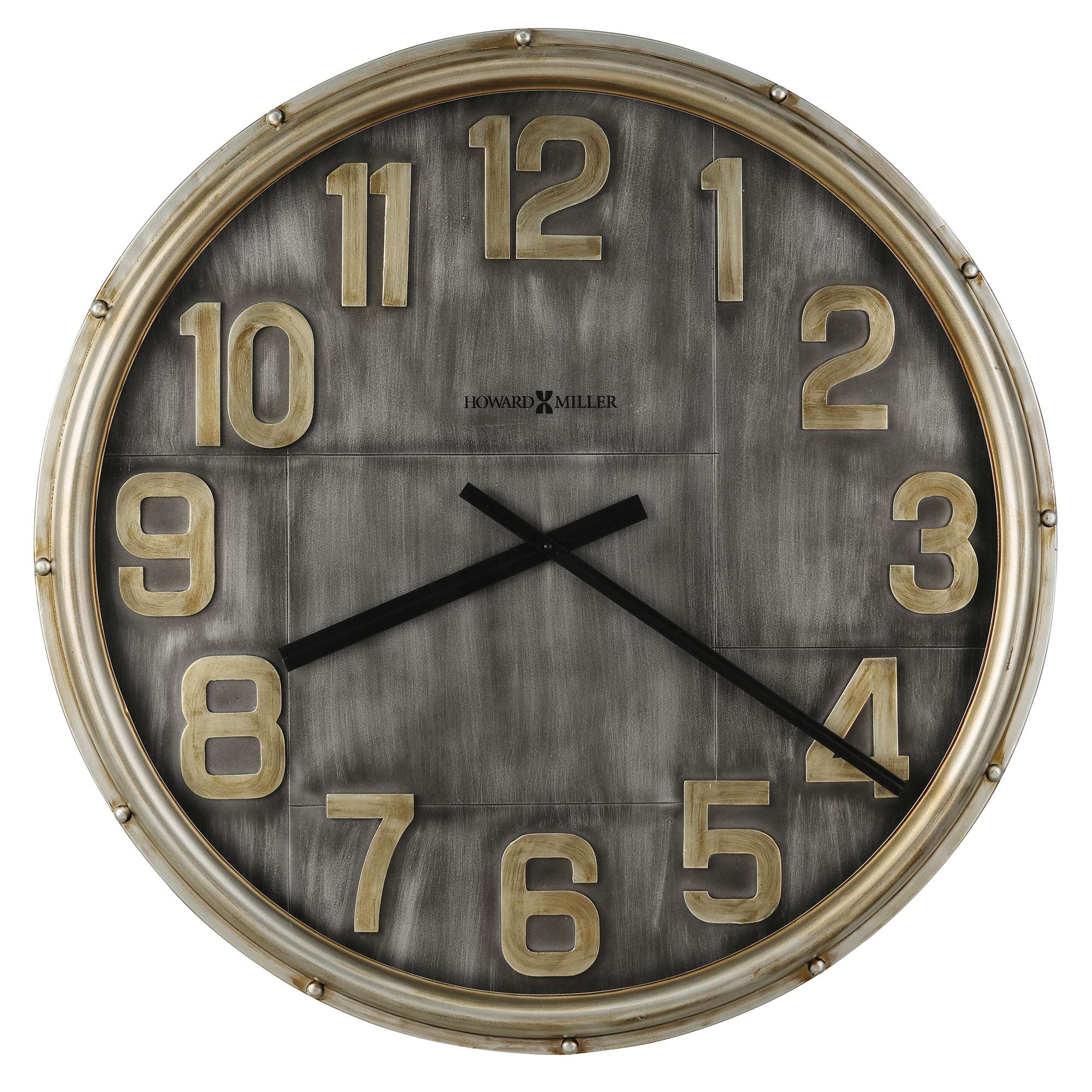 A large round wall clock with a grey background and gold numbers.