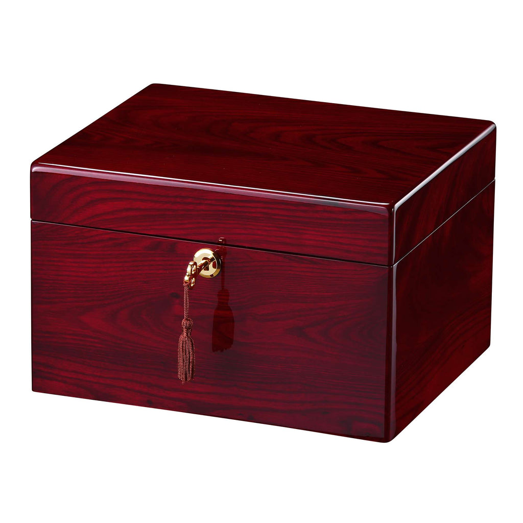 Elegant wooden storage box with a glossy finish and decorative tassel.