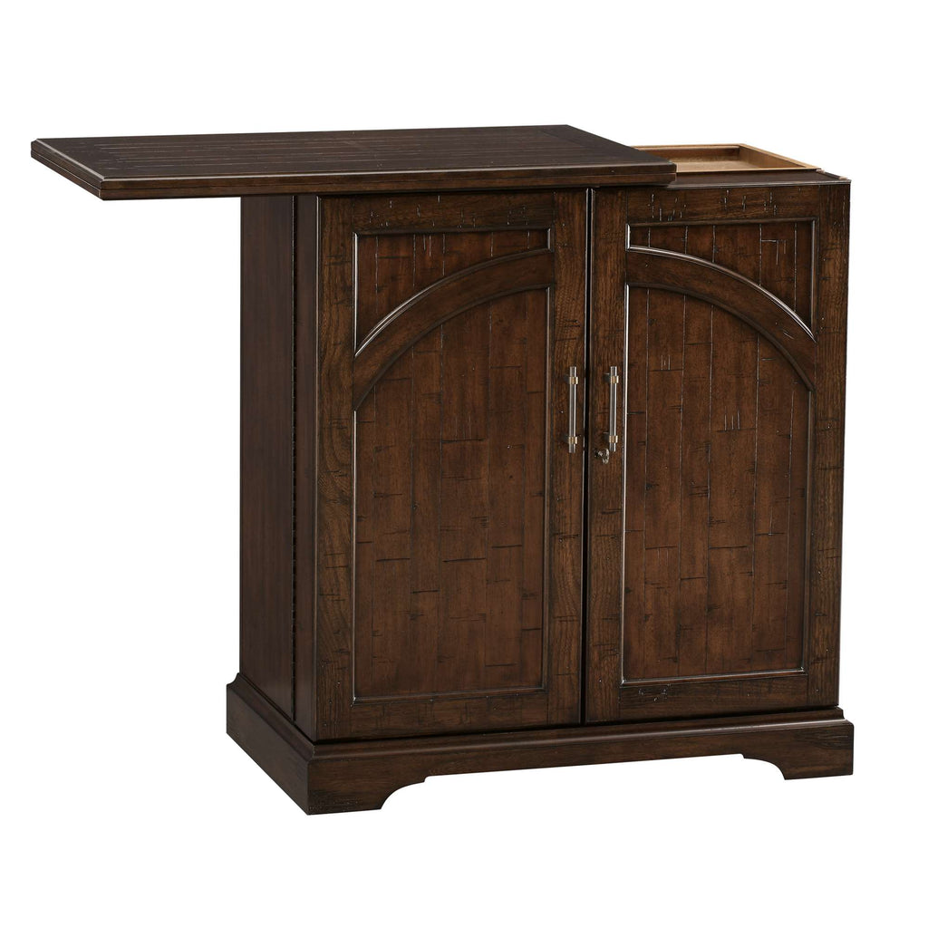 Brown wooden cabinet with a drop-leaf top and two doors.