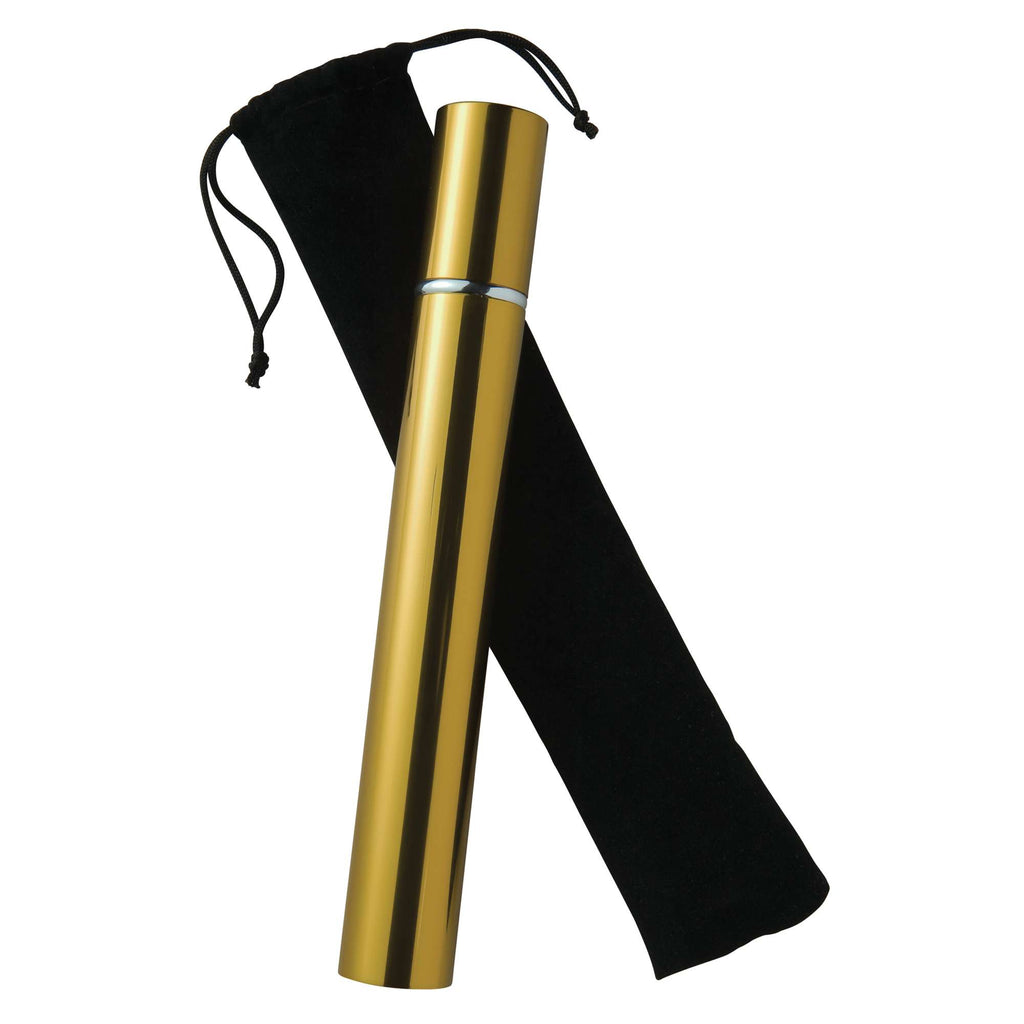 A golden stainless steel bottle placed next to a black velvet carrying pouch.