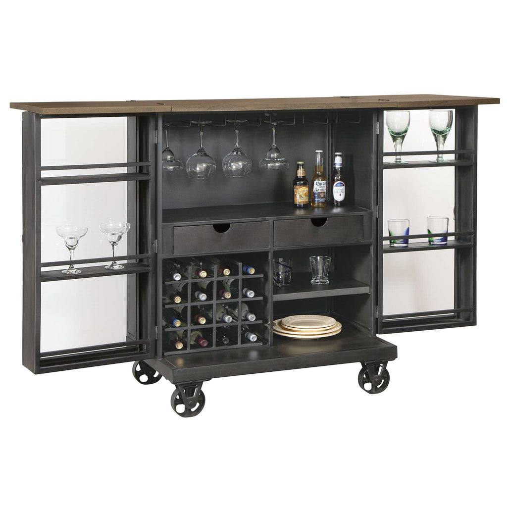 Mobile bar cart with shelving, storage for bottles and glasses, and a wooden top.