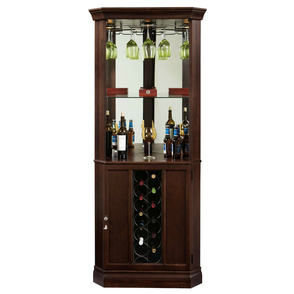 Wooden bar cabinet with glass shelves and wine storage