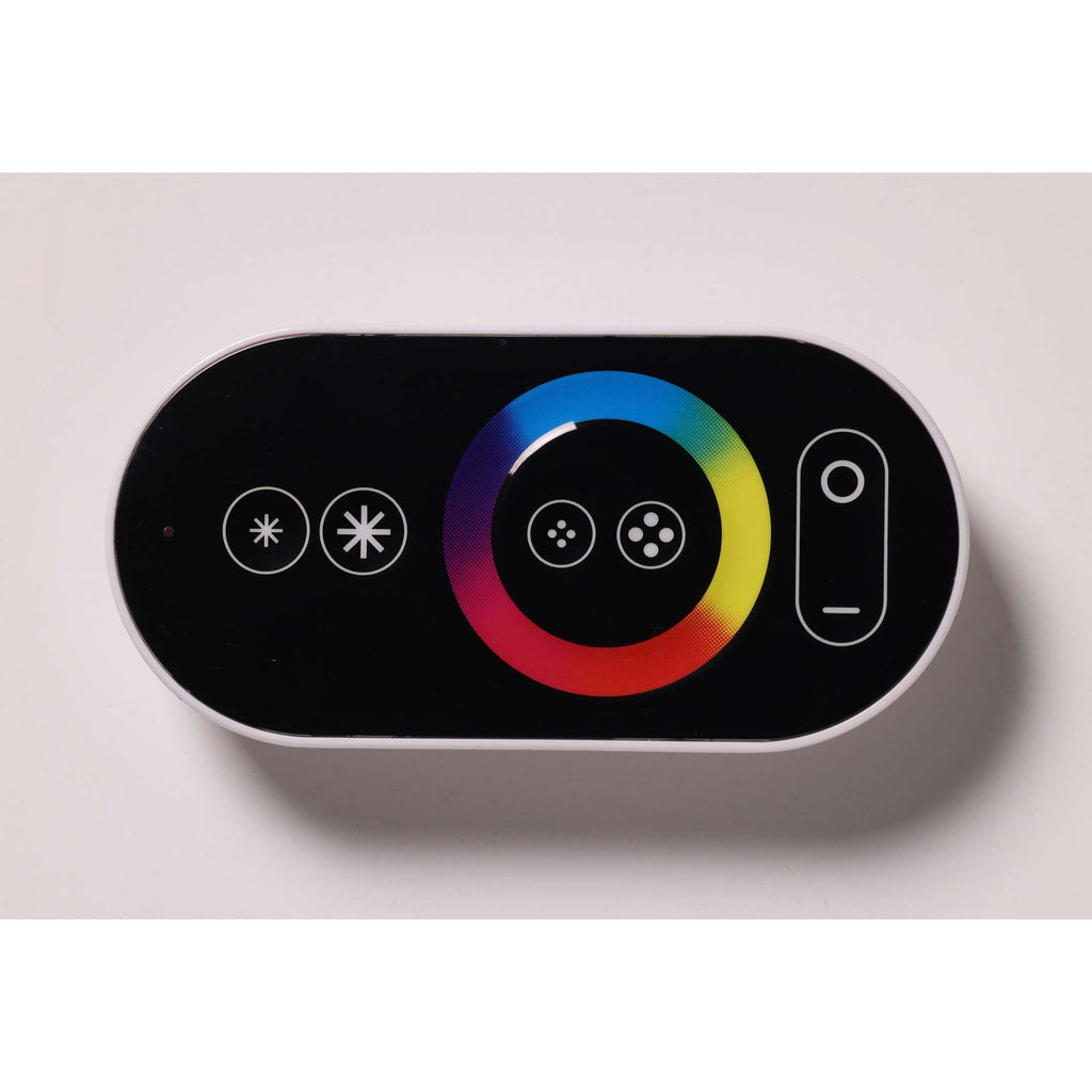 A colorful remote control with a circular color wheel and various function buttons.