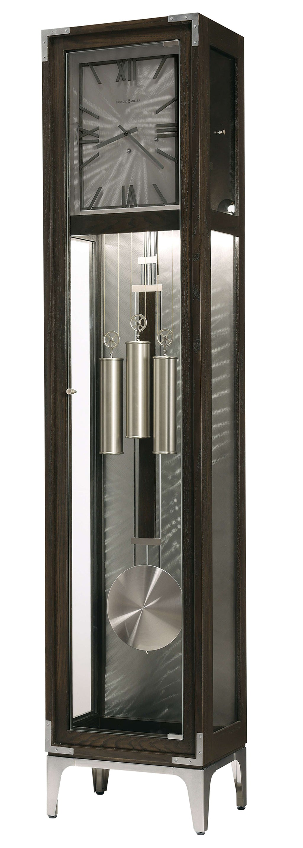 Tall modern grandfather clock with silver pendulum and weights.